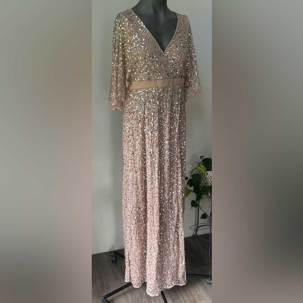Maya Deluxe Blush Sequin Flutter Sleeve V-Neck Wrap Maxi Bridal/Party Dress (10)